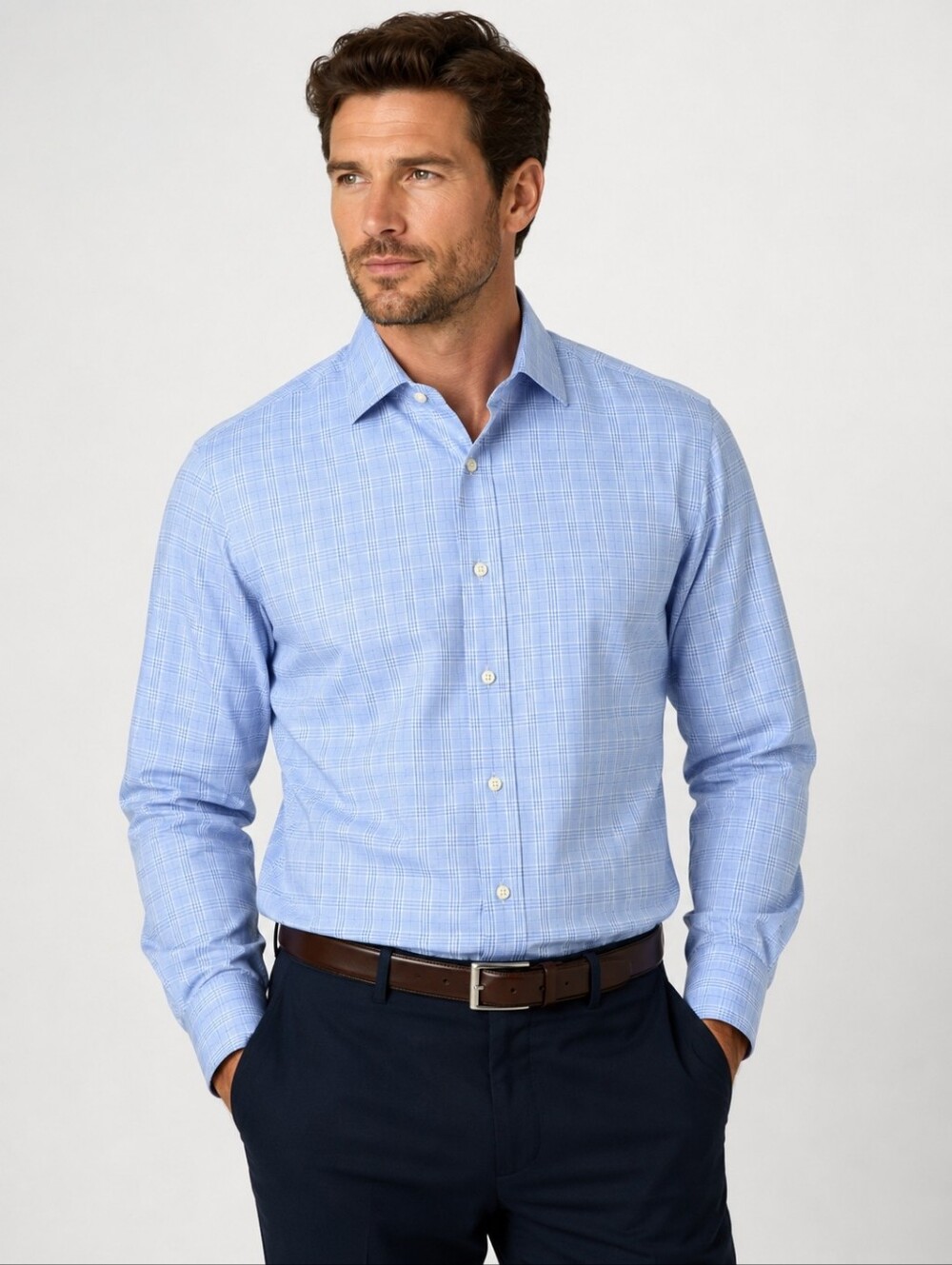 David‎ Donahue Blue Plaid Trim Fit Dress Shirt Men's 17 34/35 Button Front